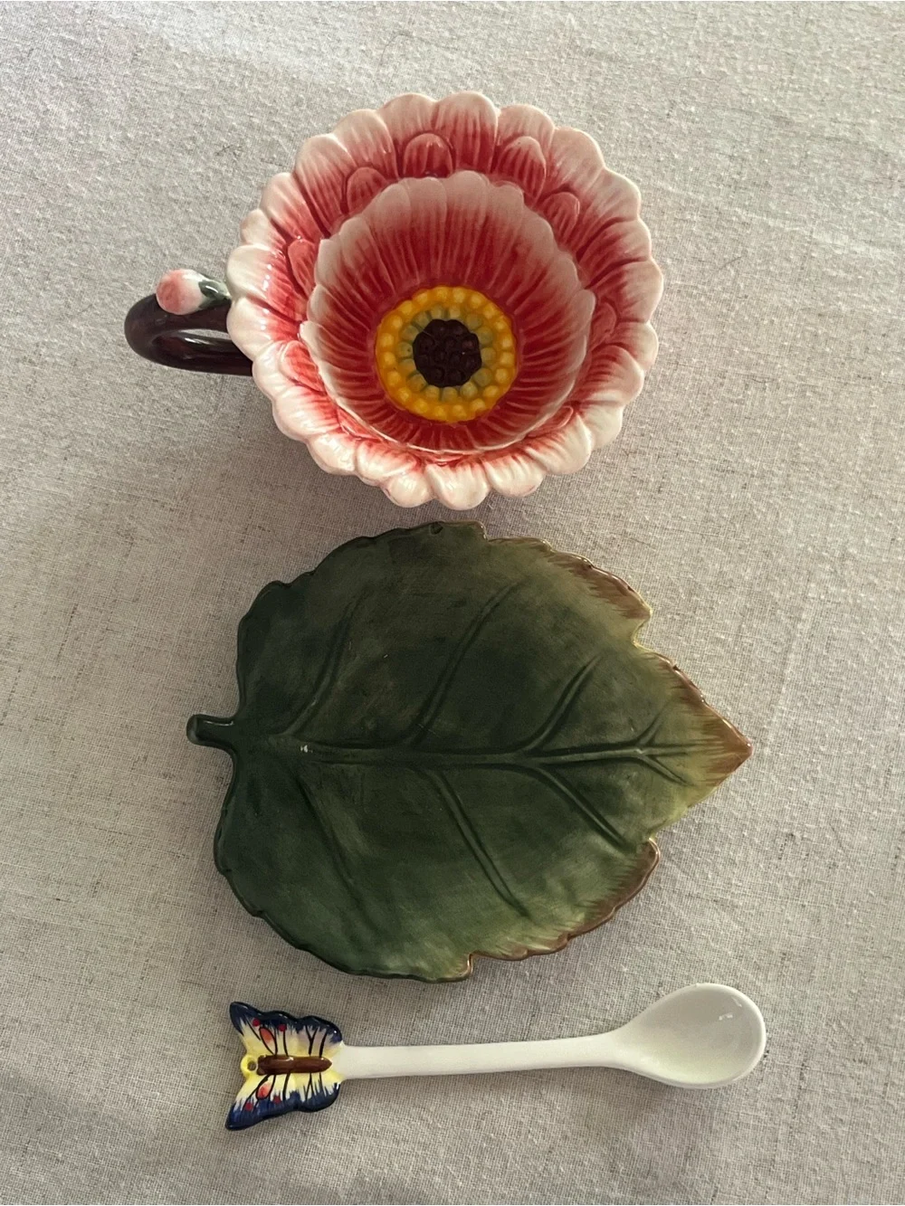 Whimsical Flower Ceramic Tea Cup and Saucer Set with Butterfly Spoon - Picture 5 of 5